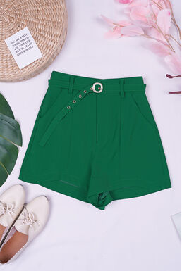 Casual Thin Gold Buckle Belt Short Pants (Green)